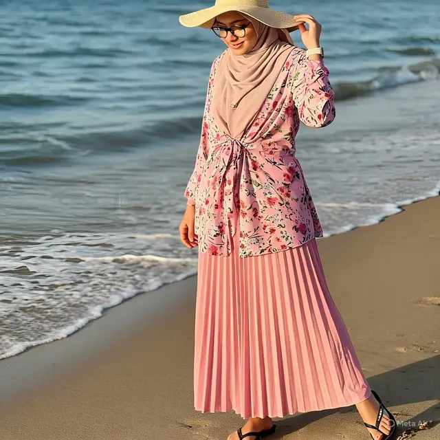 Tunik Floral Pink dengan Rok Plisket