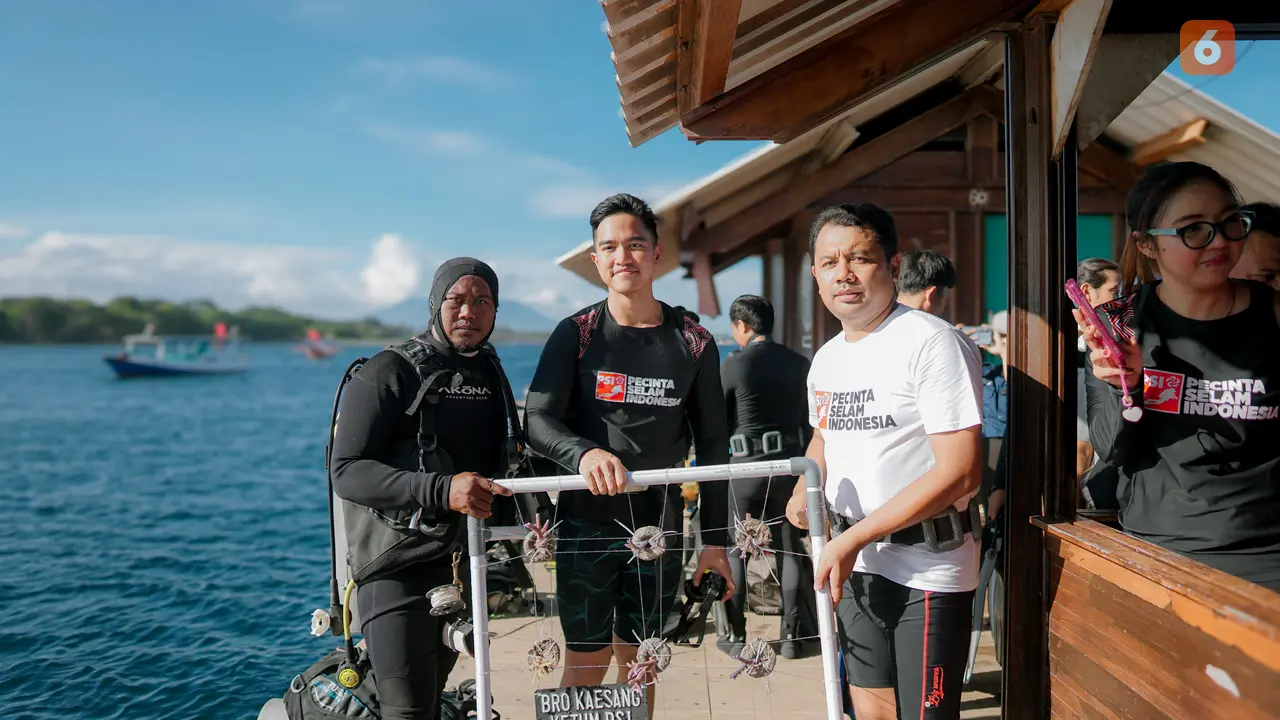 Ketua Umum PSI Kaesang Pangarep (Tengah) melakukan transplantasi terumbu Karang di Destinasi wisata Bangsring Underwater Banyuwangi. (Hermawan Arifianto/Liputan6.com)