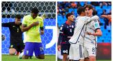 Dua tim unggulan di Grup D, Brasil dan Italia memastikan lolos ke babak 16 besar Piala Dunia U-20 2023 setelah sama-sama memetik kemenangan atas lawan-lawannya pada laga pamungkas fase grup, Minggu (28/5/2023) dini hari WIB. Brasil yang akhirnya berstatus juara Grup D meski sama-sama mengoleksi 6 poin dengan Italia namun memiiki keunggulan selisih gol, sukses mengalahkan Nigeria 3-0. Sementara Italia berpesta tiga gol tanpa balas ke gawang Republik Dominika. (Kolase Foto AP Photo)