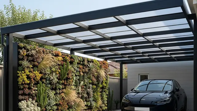 Desain Carport Minimalis dengan Tanaman Pembatas (Image by Gemini AI)