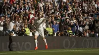 Selebrasi winger Real Madrid, Gareth Bale usai mencetak gol ke gawang Leganes. (AP Photo/Daniel Ochoa de Olza)