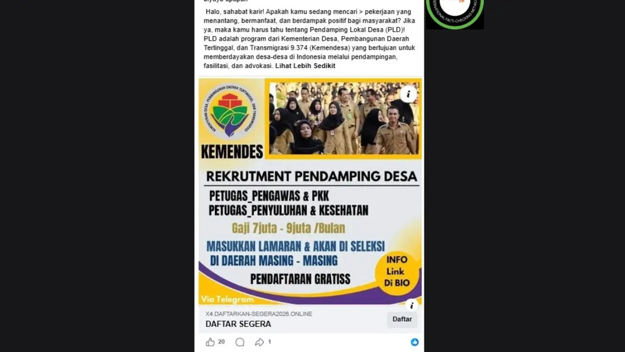 Cek Fakta Liputan6.com mendapati klaim link pendaftaran pendamping lokal desa dari Kemendesa 2026.