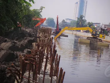 Petugas menggunakan eskavator amfibi untuk mengeruk lumpur di kawasan Gunung Sahari, Jakarta, (5/9/14). (Liputan6.com/Faizal Fanani)