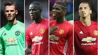 Para pemain Manchester United yang diharapkan menjadi kunci saat bersua Liverpool, Selasa (18/10/2016) dini hari WIB, di Stadion Anfield. (ki-ka) David De Gea, Eric Bailly, Paul Pogba dan Zlatan Ibrahimovic (manutd.com)