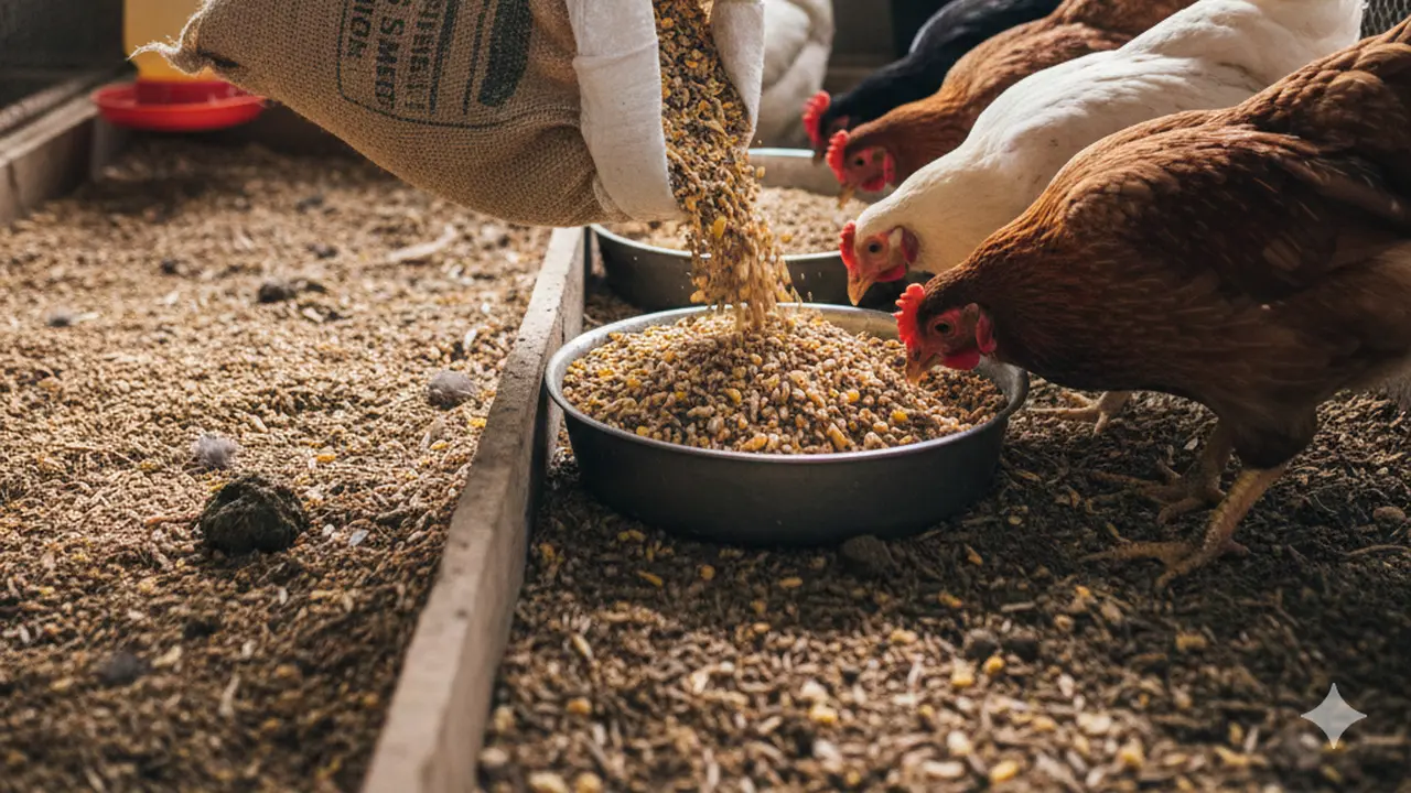 Cara Mengatur Pakan Ayam Rumahan (Foto: Gemini AI)