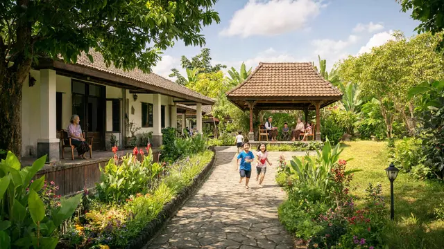 Inspirasi Rumah Pedesaan dengan Taman dan Pendopo yang Asri Model Memanjang dan Sederhana