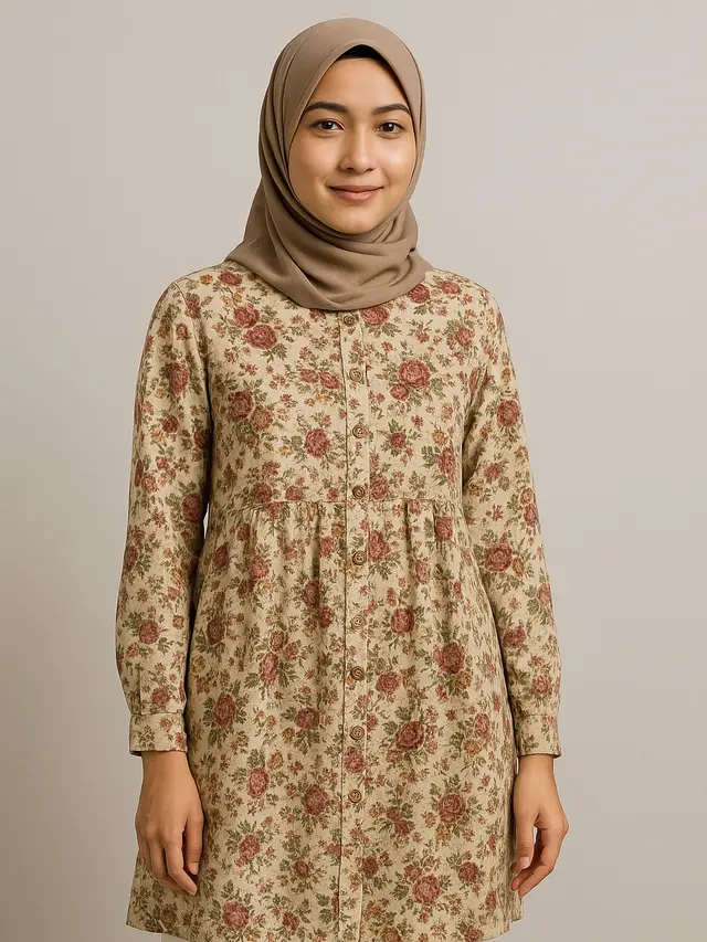 7 Model Tunik Motif Bunga Kancing Depan Terbaru