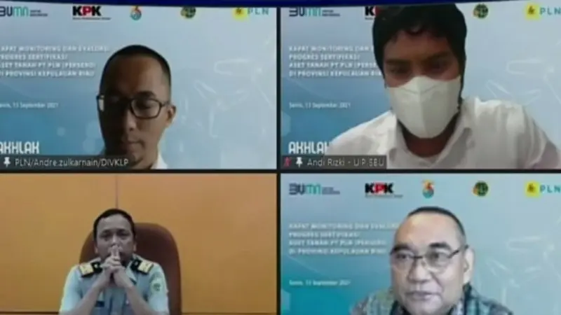 rapat monitoring dan evaluasi proses sertifikasi aset tanah PLN di Provinsi Kepulauan Riau secara virtual dengan KPK dan BPN.