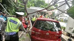 Petugas dibantu warga memindahkan pohon tumbang yang menimpa mobil saat terparkir di sebelah Pos Polisi Bundaran HI, Jakarta, Selasa (15/12). Tak ada korban jiwa akibat tumbangnya pohon yang disebabkan angin kencang tersebut. (Liputan6.com/Faizal Fanani)