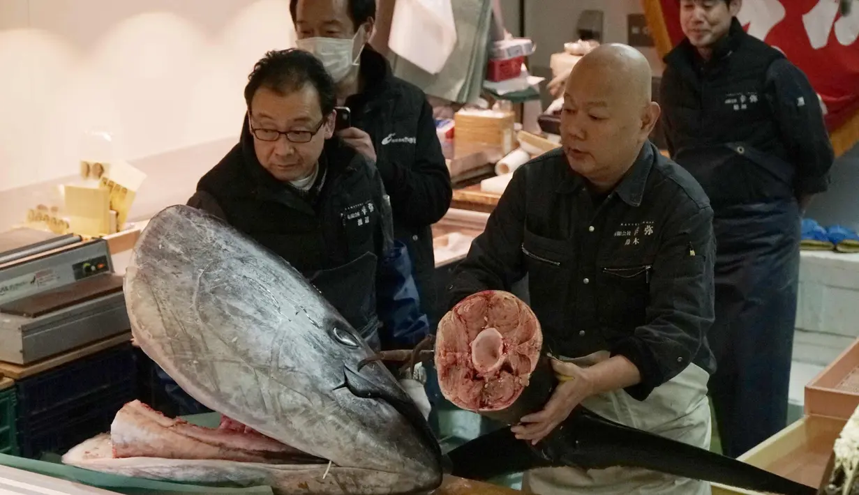 Pedagang Yamayuki memisahkan kepala dan ekor ikan tuna sirip biru seberat 405 kilogram pada lelang tuna di pasar ikan Tsukji, (5/1). Lelang ikan dengan harga mencapai miliaran rupiah ini rutin digelar setiap awal tahun. (AP Photo / Eugene Hoshiko)