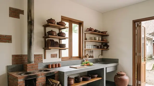Dapur Tungku dengan Meja Cor Beton dan Rak Terbuka