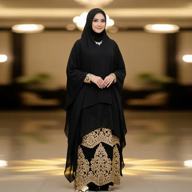 9 Model Gamis Hitam Simple Elegan Kombinasi Brokat Gold untuk Pesta Malam, Elegan