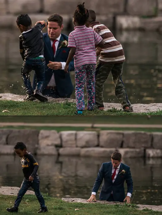 Kolase foto ketika calon pengantin pria bernama Clayton Cook dengan setelan jas lengkap melompat ke sungai untuk menolong seorang bocah yang nyaris tenggelam. (HATT PHOTOGRAPHY / Facebook)