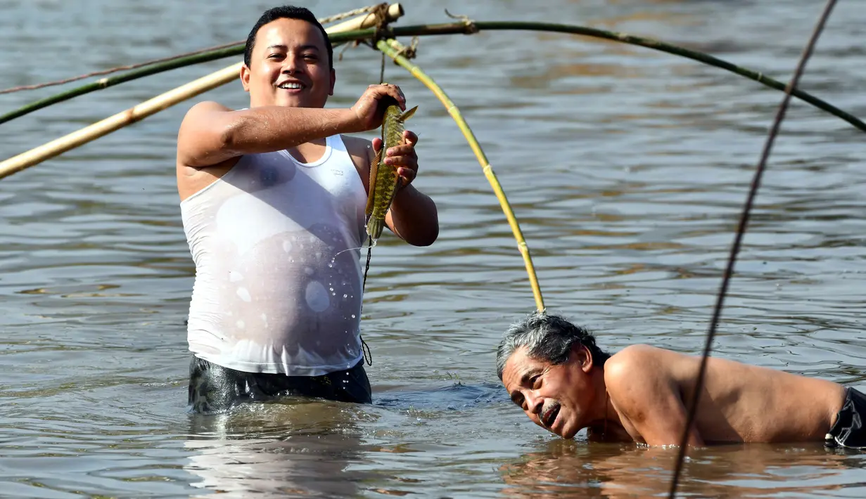Penduduk desa memegang ikan saat mengikuti acara memancing bersama dalam perayaan panen Bhogali Bihu di Danau Goroimari di Panbari, Assam, India, pada 14 Januari 2020. “Bhogali Bihu” menandai berakhirnya musim panen di bagian timur laut negara bagian Assam. (Xinhua/Str)