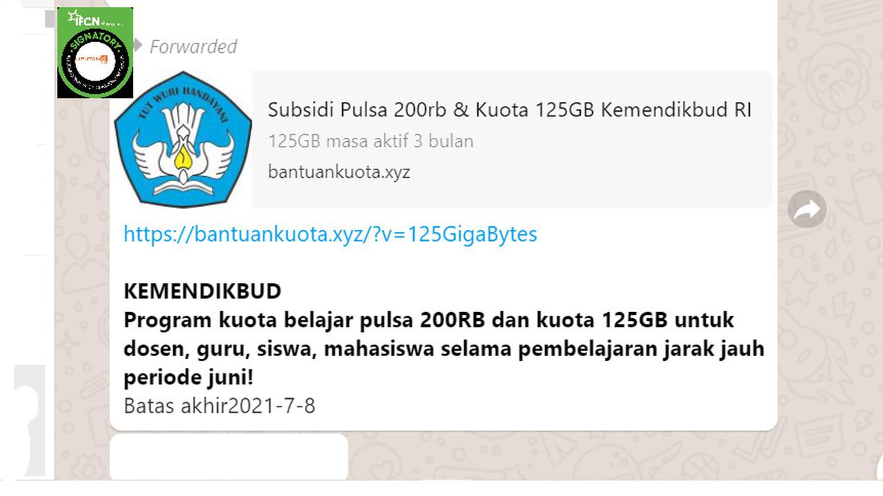 Cek Fakta Liputan6.com menelusuri informasi cara mendapat pulsa 200 ribu dan kuota 125 GB periode Juni dari Kemendikbud