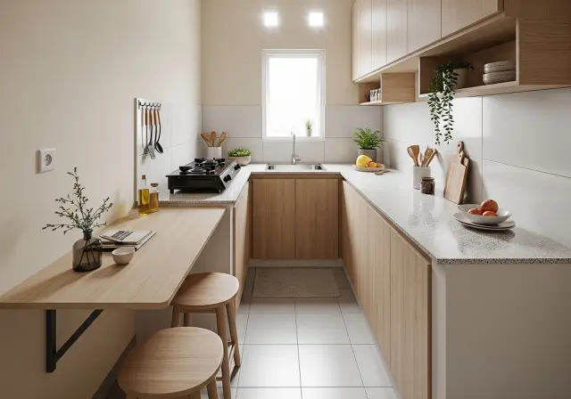 Dapur Gaya Galley (Lorong) dengan Meja Terintegrasi/dapur rumah 3x2 meter dengan kombinasi ruang makan kecil (Sumber: gemini.com)