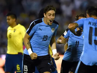 Uruguay menghempaskan tamunya Ekuador, 2-1, dalam laga Kualifikasi Piala Dunia 2018 di Montevideo, Jumat (11/11/2016) pagi WIB. (AFP/Pablo Porciuncula Brune)