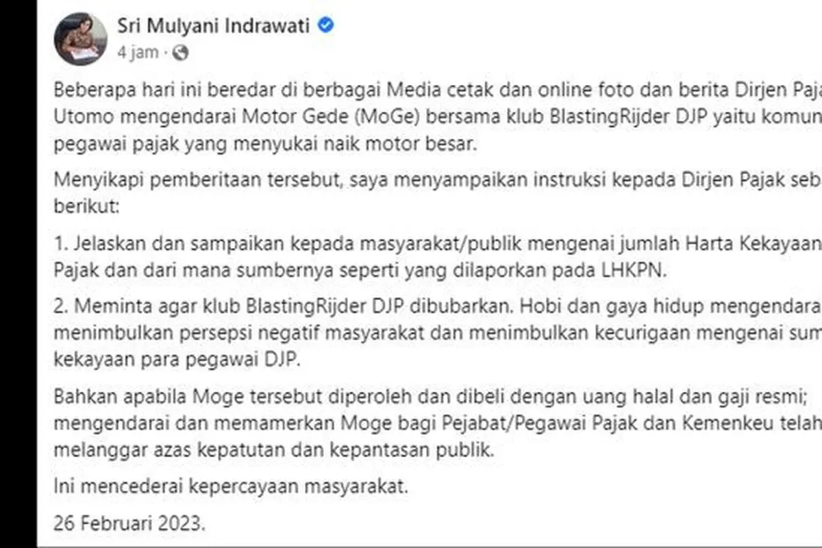 Dua Instruksi Sri Mulyani Soal Komunitas Moge Pegawai Pajak, Belasting Rijder Dibubarkan