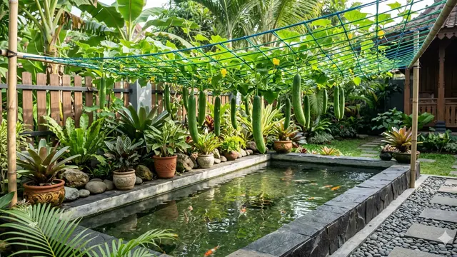 Inspirasi Kebun Mentimun Rambat di Atas Kolam Ikan. Gemini