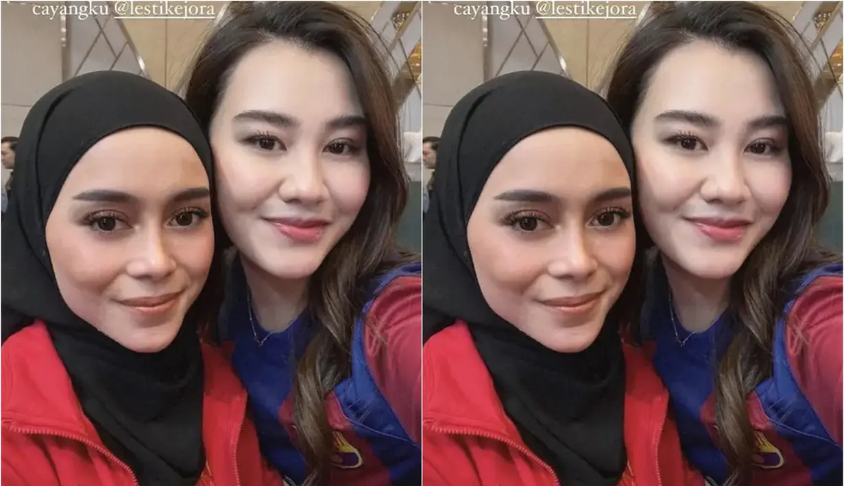 Lesti Kejora turut mengundang Aaliyah Massaid di momen perayaan ulang tahun baby L. Aaliyahb memakai jersey Barcelona. Potret kekompakan keduanya ini berhasil curi perhatian warganet. (Liputan6.com/IG/lestikejora)