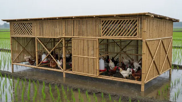 Model Kandang Ayam Bambu Modern Sirkulasi Udara Maksimal. AI