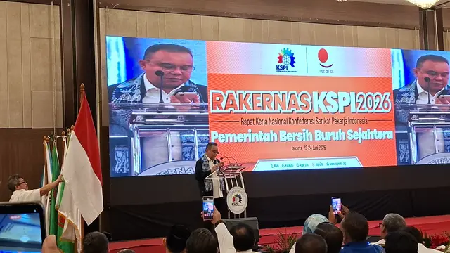 Wakil Ketua DPR, Sufmi Dasco Ahmad  Rakernas KSPI, di Jakarta, Selasa (23/6/2026). (Arief/Liputan6.com)