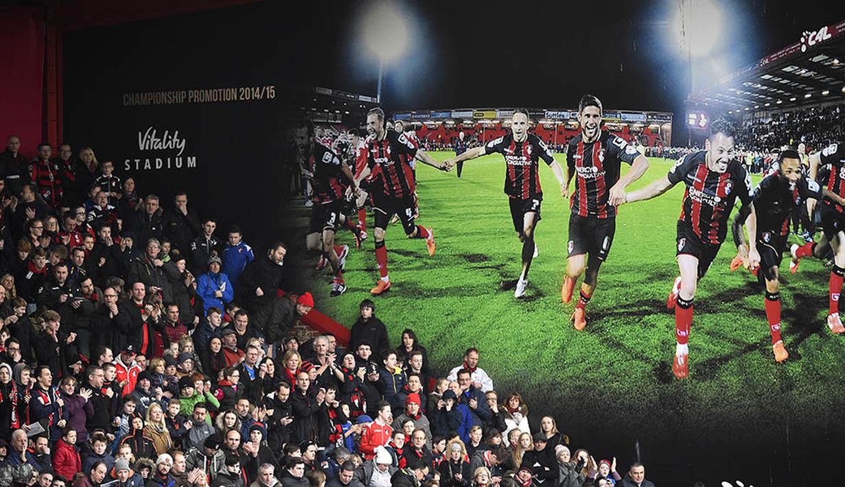 Suporter dan layar besar yang terpasang saat laga Bournemouth melawan Arsenal di Stadion Vitality, Inggris, Minggu (7/2/2016). Bournemouth takluk 0-2 dari Arsenal. (Reuters/Dylan Martinez)