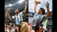 Foto kombo mega bintang Argentina, Lionel Messi (kiri) melakukan selebrasi dengan memegang trofi setelah menjuarai Piala Dunia 2022. Selebrasi yang dilakukan Messi sama persis dengan yang dilakukan oleh Diego Maradona di Piala Dunia 1986 (kanan). (AFP/Anne-Christine Poujoulat )