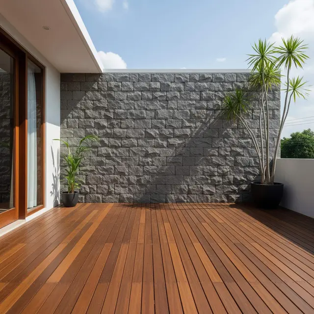 Inspirasi Teras Rumah Minimalis Tanpa Atap dengan Kombinasi Kayu dan Batu Alam 2025