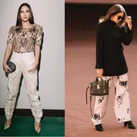 Tampil elegan, Jessica Mila memadukan blouse nuansa emas dengan celana putih. [Foto: IG/jscmila].