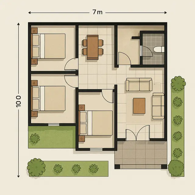 Desain Rumah Ukuran 7x10 Sederhana 3 Kamar Tidur