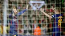 Ekspresi pemain Barcelona, Lionel Messi (kiri) usai mencetak gol ke gawang Leganes di Stadion Camp Nou, Barcelona, Spanyol, Sabtu (7/4). Messi sukses mencetak hattrick pada laga tersebut. (AP Photo/Manu Fernandez)
