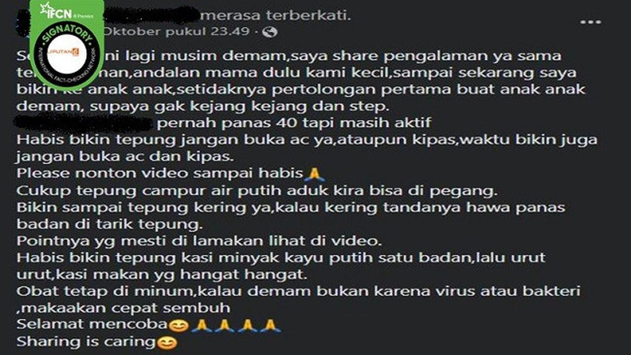 Gambar Tangkapan Layar Klaim Menempelkan Tepung Beras di Tubuh Bisa Meredakan Demam pada Anak (sumber: Facebook).