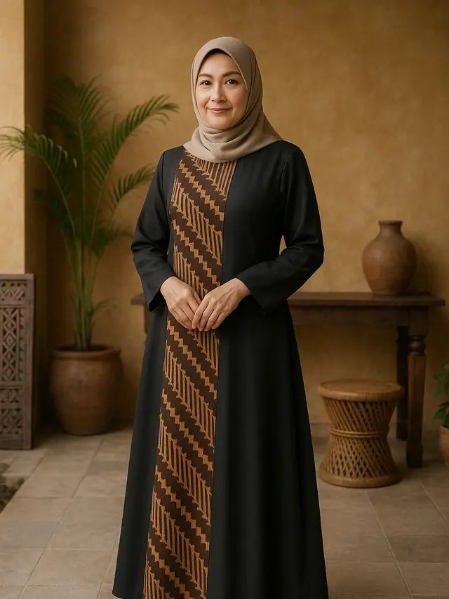 Model Gamis Batik Ibu-Ibu Umur 50 Tahun Kombinasi Kain Polos