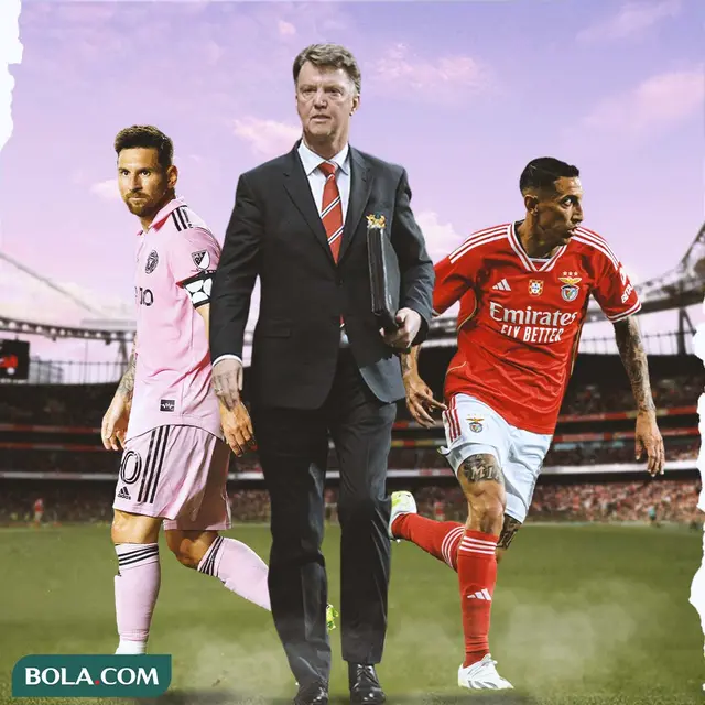 Ilustrasi - Lionel Messi, Louis van Gaal, Angel Di Maria