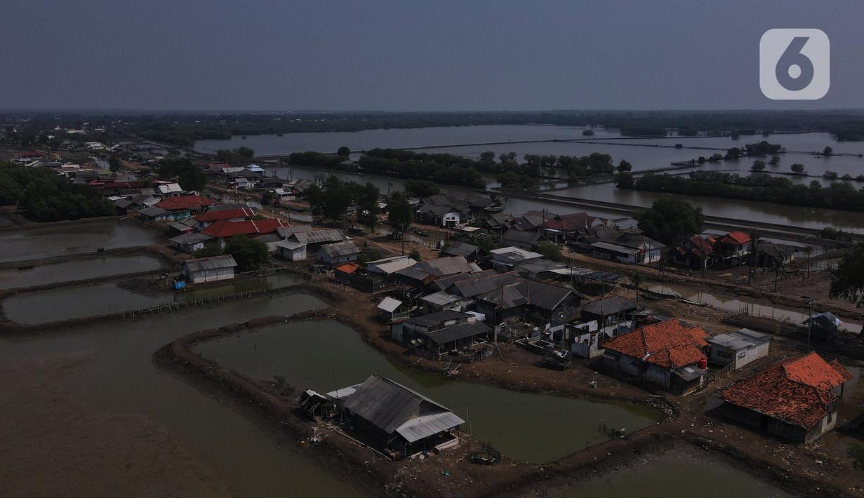 Foto udara hunian warga kawasan Kampung Muara Beting, Desa Pantai Bahagia, Kecamatan Muara Gembong yang terdampak abrasi laut di Kabupaten Bekasi, Jawa Barat, Kamis (25/5/2023). (merdeka.com/imam buhori)