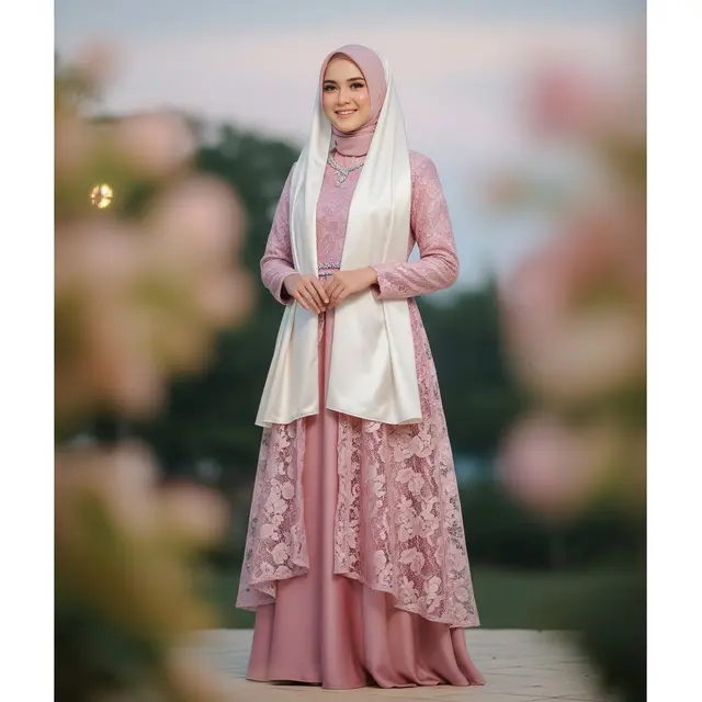 Gamis Brokat Soft Pink + Pashmina Satin Putih Tulang