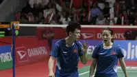 Ekspresi ganda China, Zheng Siwei/Huang Yaqiong, pada final Indonesia Masters 2019 di Istora Senayan, Jakarta, Minggu (27/1/2019). (Bola.com/Iqbal Ichsan)