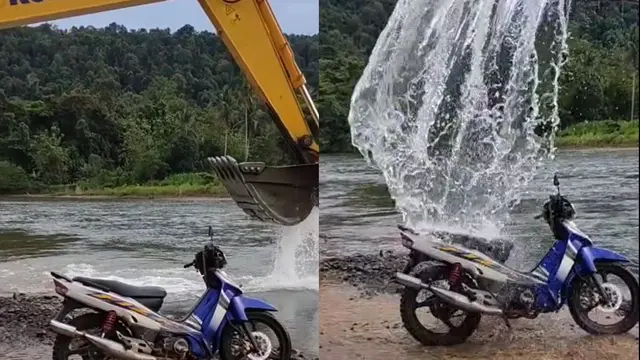 Mencuci motor pakai kendaraan alat berat