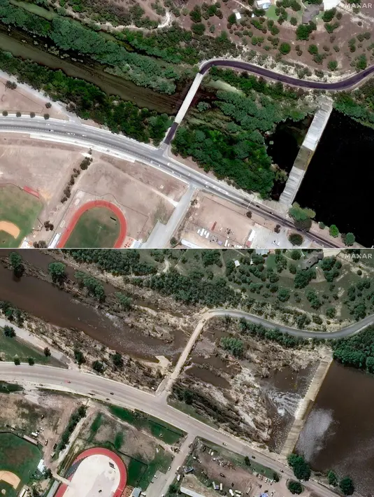 Kombinasi foto yang dibuat pada 8 Juli 2025 ini menunjukkan (atas) foto selebaran milik Maxar Technologies menunjukkan Bendungan Ingram sebelum banjir bandang di sepanjang Sungai Guadalupe di Ingram, Texas pada 25 Juli 2022, dan (bawah) foto selebaran milik Maxar Technologies menunjukkan Bendungan Ingram setelah banjir bandang di sepanjang Sungai Guadalupe di Ingram, Texas pada 8 Juli 2025. (Foto oleh Citra Satelit ©2025 Maxar Technologies/AFP)
