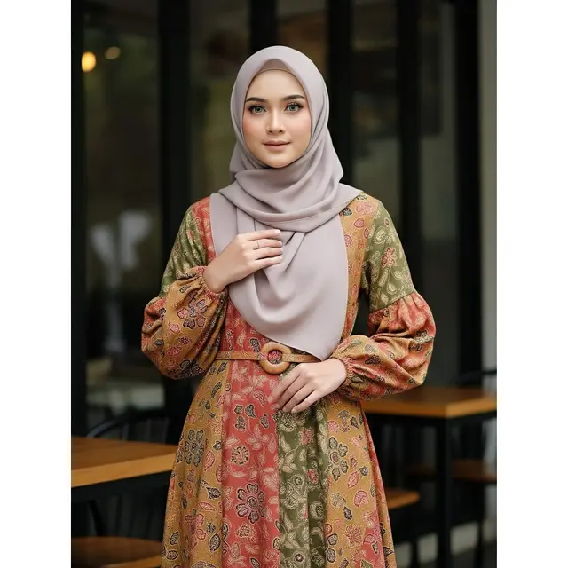 Gamis Batik Earthy Tone Kombinasi Lengan Balon Modern 2025