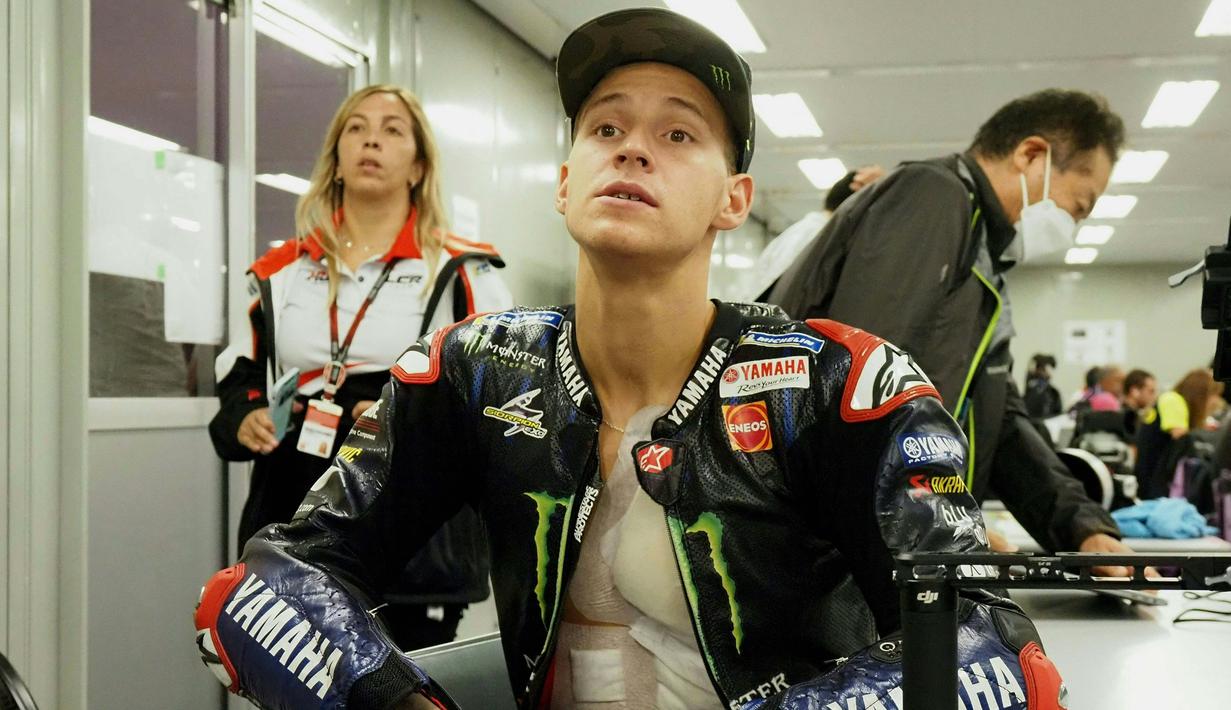 Namun insiden di MotoGP Aragon tak menyurutkan semangat Quartararo untuk tampil lebih baik di MotoGP Jepang yang berlangsung di Sirkuit Motegi, Minggu (25/9/2022). (AFP/Toshifumi Kitamura)