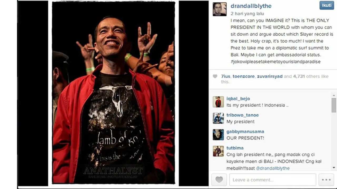 Melalui Instagram Randy Blythe Minta Jokowi Mengundangnya ke Bali