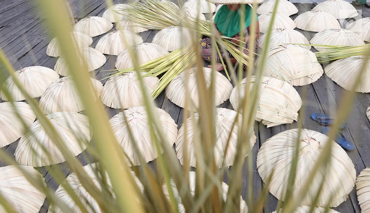 Perajin membuat caping khas Banjar di kawasan Pasar Apung Kuin, Kalimantan Selatan, Senin (26/3). Caping yang disebut tanggui oleh masyarakat Banjar tersebut merupakan topi tradisional khas Banjar. (Liputan6.com/Immanuel Antonius)
