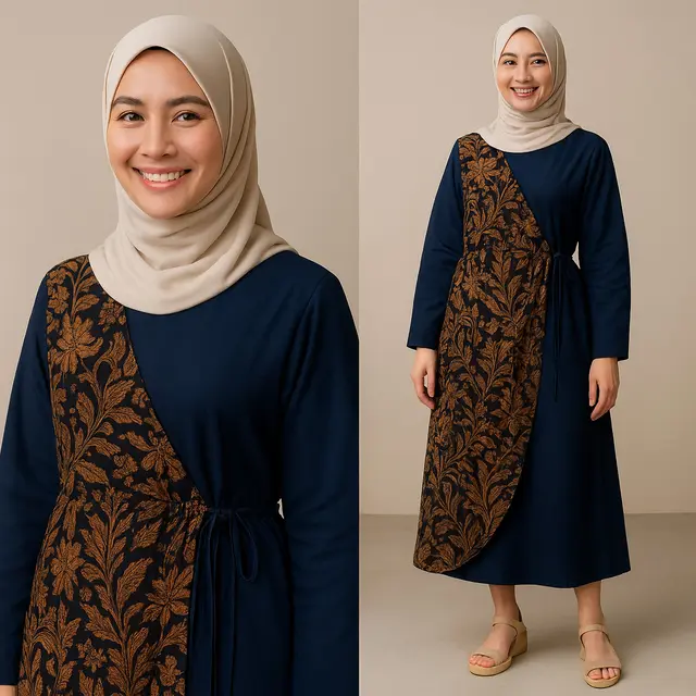 Dress Batik Kombinasi Kain Polos Warna Biru dan Hitam Modern/Ilustrasi AI