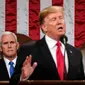 Presiden AS Donald Trump berpidato dengan didampingi oleh Ketua DPR Nancy Pelosi (kanan) dan Wapres Mike Pence (krii) di Washington DC (AFP/Doug Mills)