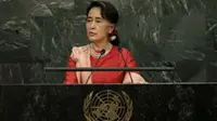 Pemimpin Myanmar Aung San Suu Kyi menyampaikan pidato di Sidang Majelis Umum PBB (Foto: Mike Segar/Reuters)