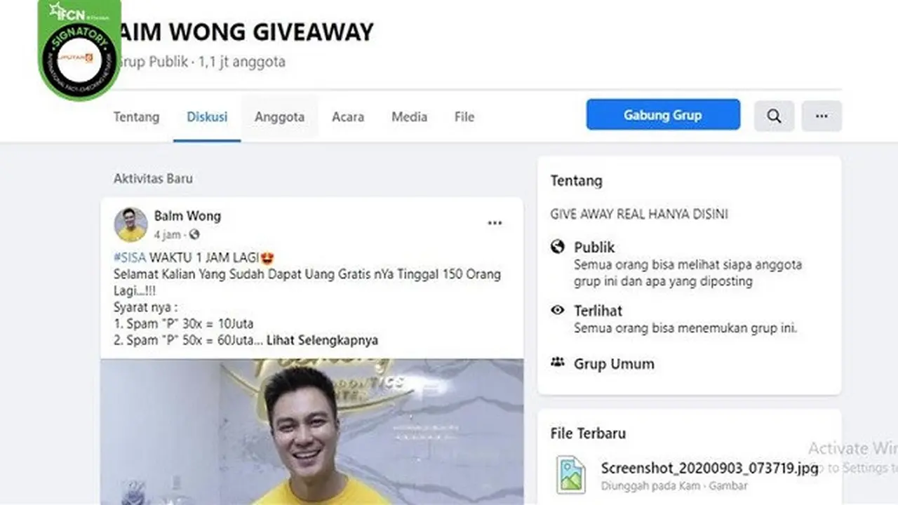 Gambar Tangkapan Layar Grup Facebook Mencatut Nama Baim Wong