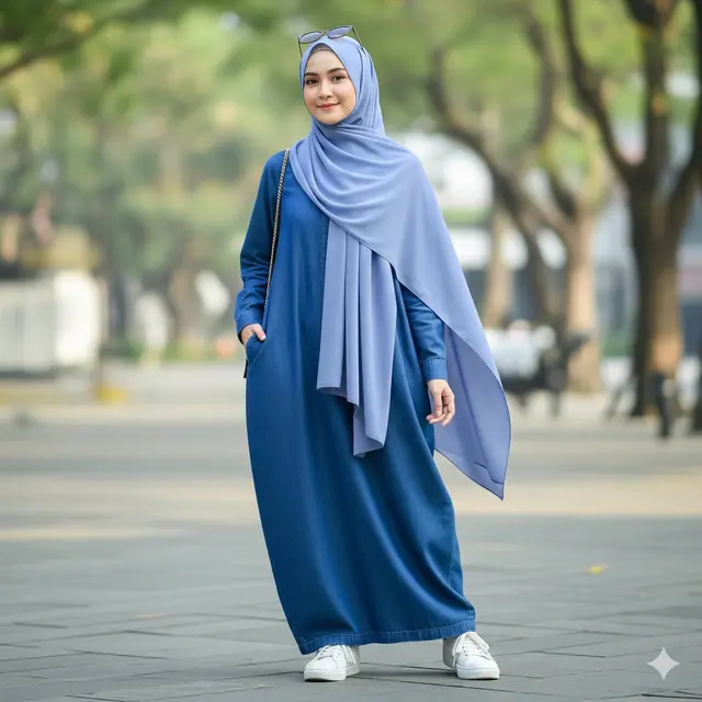 Gamis Denim Loose + Pashmina Satin Soft Blue
