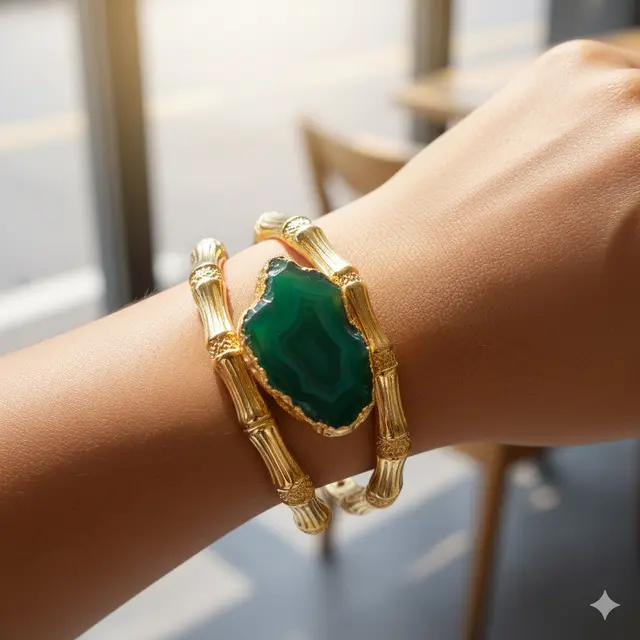 Gelang Emas Bambu Kombinasi Batu Alam